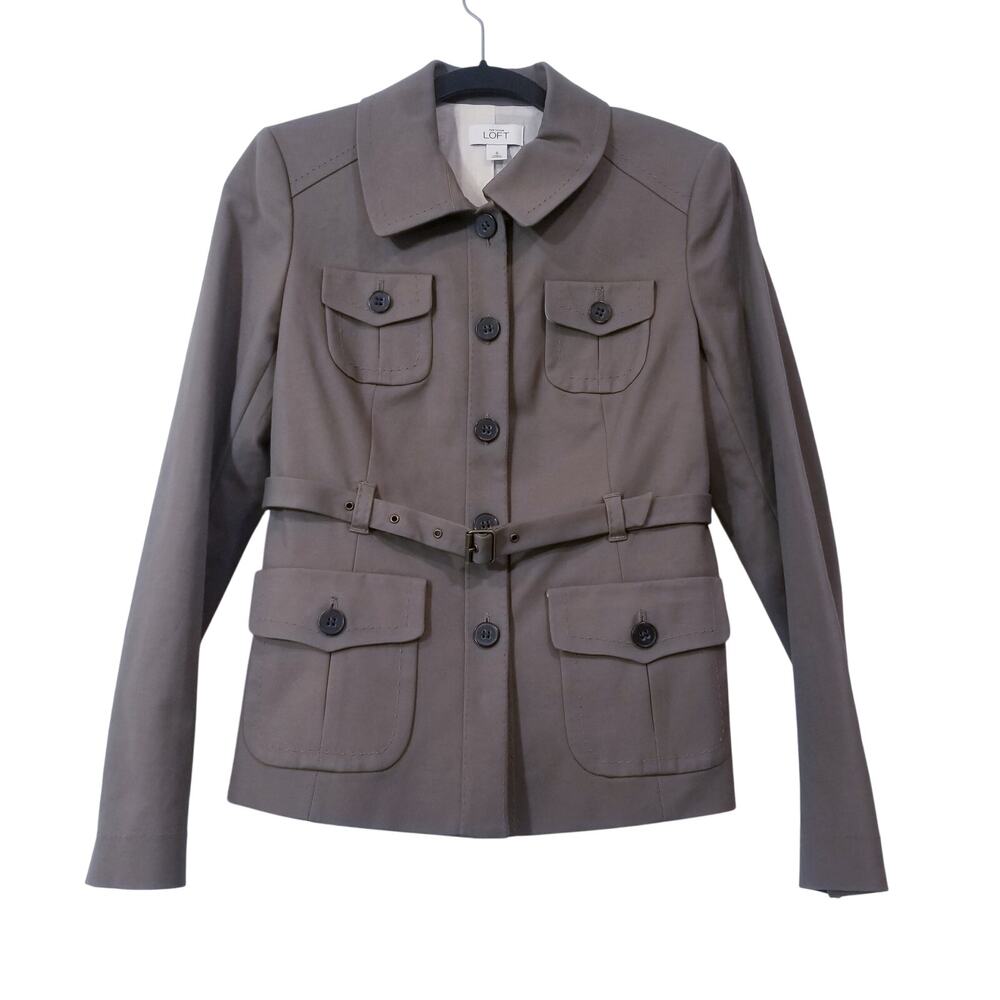 Ann Taylor LOFT Khaki Utility Cargo Military Style Belted Jacket Fully Lined